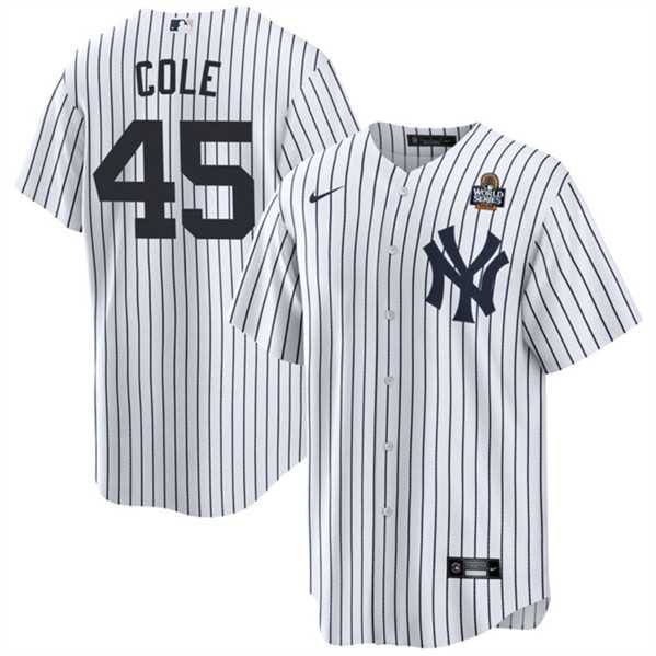 Mens New York Yankees #45 Gerrit Cole White 2024 World Series With Name Cool Base Stitched Jersey Dzhi